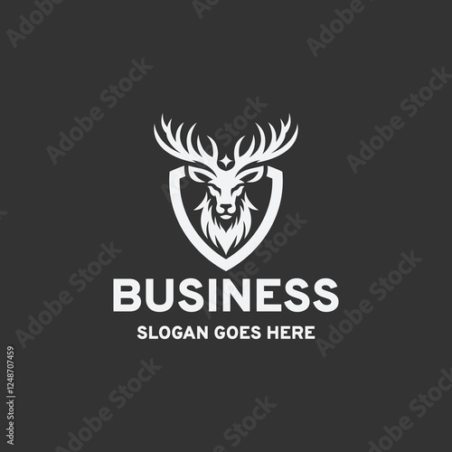 Strong deer head logo design vector illustration in black and white style on a black background