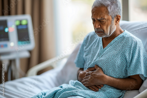 An elderly patient in a hospital bed, holding his abdomen in discomfort, possibly experiencing abdominal pain.