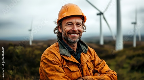 A skilled worker stands confidently with a bright smile against the backdrop of wind turbines, exemplifying determination, hard work, and the transition to renewable energy solutions.
