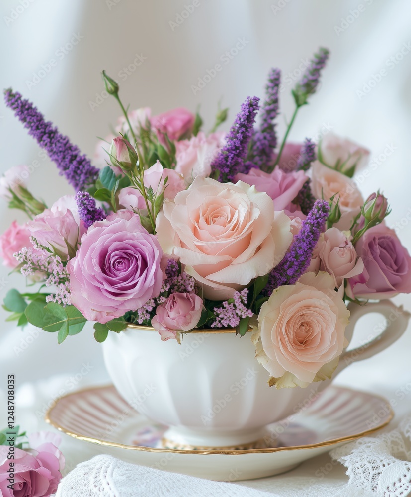 Beautiful floral arrangement in a white teacup showcasing pastel roses and purple flowers Beautiful floral arrangement in a white teacup showcasing pastel roses and purple flowers