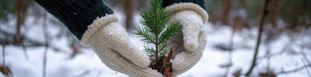 A person holds a small pine tree in their hand, ready for planting or decoration A person holds a small pine tree in their hand, ready for planting or decoration