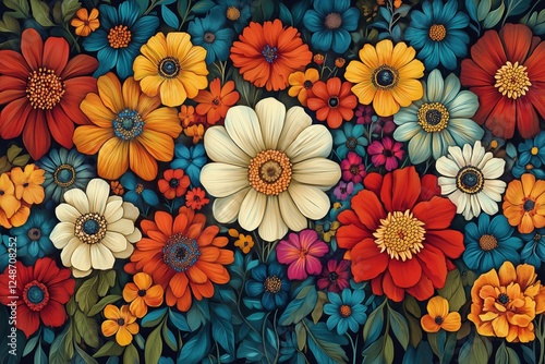 Colorful floral arrangement showcasing a variety of flowers in vivid hues aga...