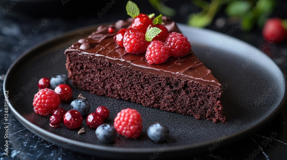 Delicious chocolate cake slice topped with fresh raspberries, cranberries, and blueberries, served on a dark plate. Delicious chocolate cake slice topped with fresh raspberries, cranberries, and blueberries, served on a dark plate.