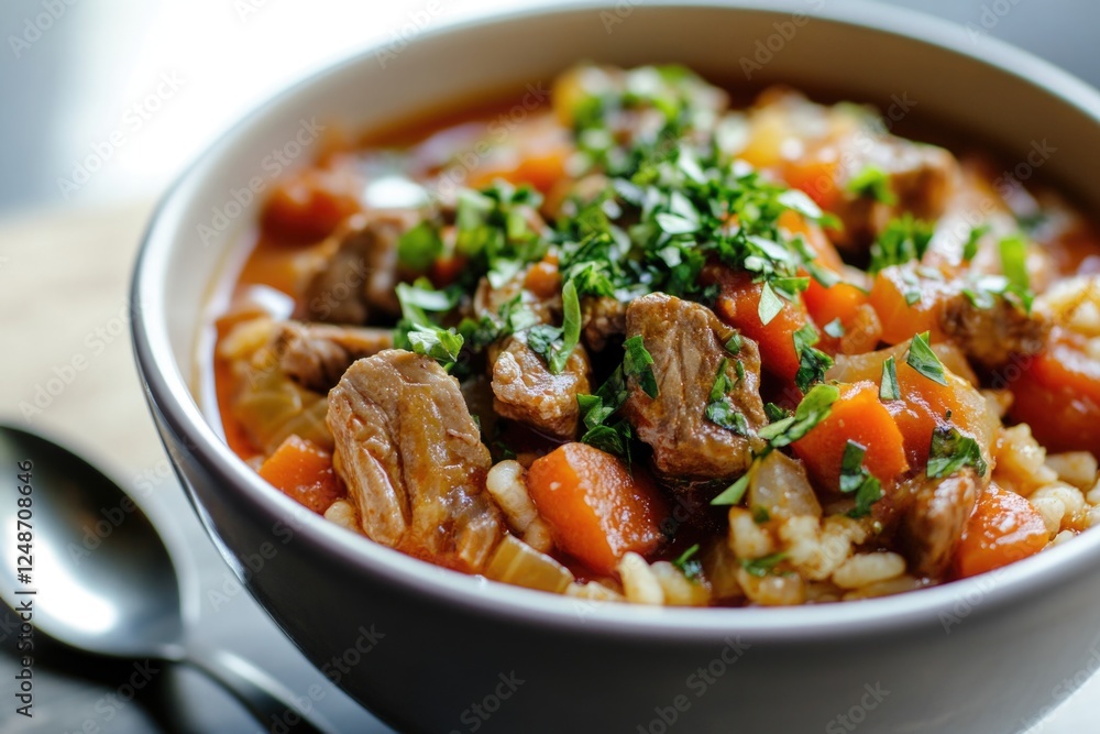 Stew made with meat and various vegetables, served in a bowl Stew made with meat and various vegetables, served in a bowl