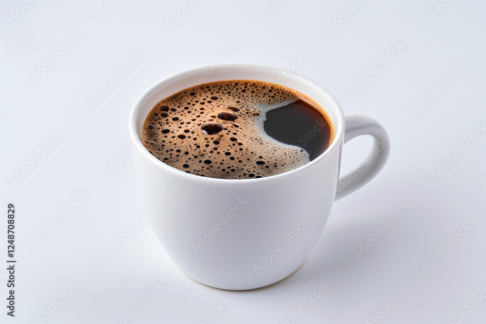 Fototapeta premium Classic white coffee cup with a dark espresso inside, positioned on a white background.