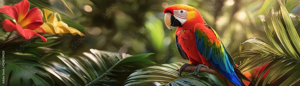 Obraz premium A vibrant parrot perched among lush foliage and colorful flowers, showcasing its striking plumage in a tropical setting.