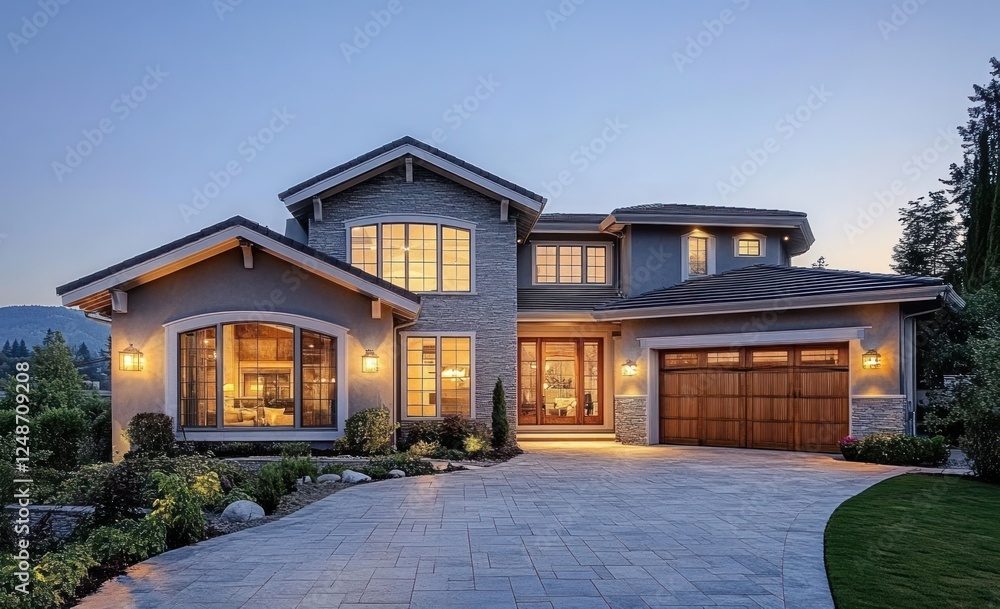 Modern Luxurious Home Exterior at Twilight with Warm Lighting and Picturesque Driveway Modern Luxurious Home Exterior at Twilight with Warm Lighting and Picturesque Driveway