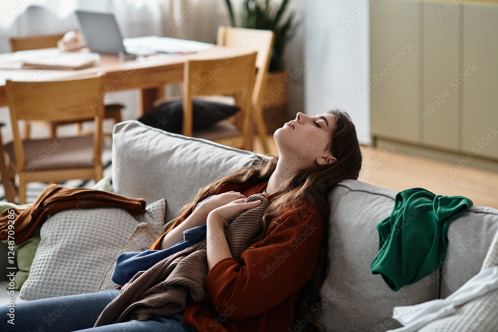 Obraz premium Struggling with emotions while surrounded by chaos in a cozy living room