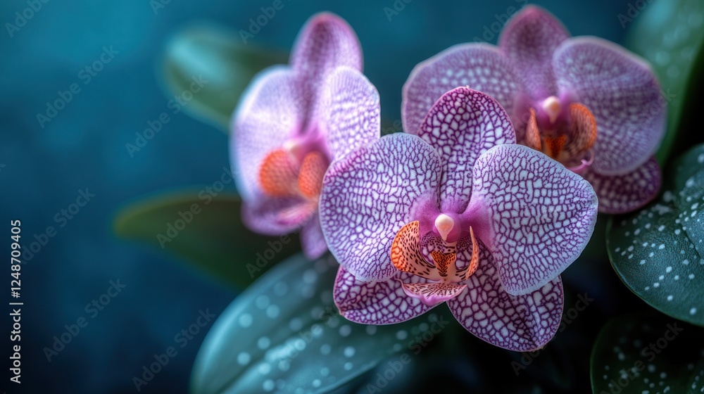Close-up of three speckled pink orchids. Close-up of three speckled pink orchids.