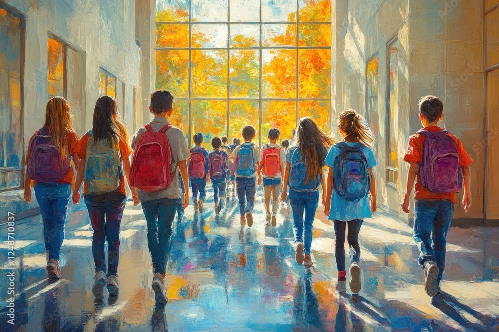 Naklejka premium Children Walking Together in School Hallway Engaging with Teacher