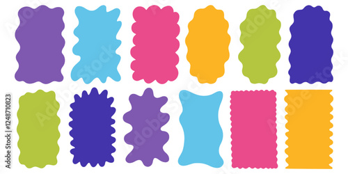 Color Funky Wavy Frame Set. Retro Border Scallop Shape Collection. Abstract Vector Isolated Clip Art