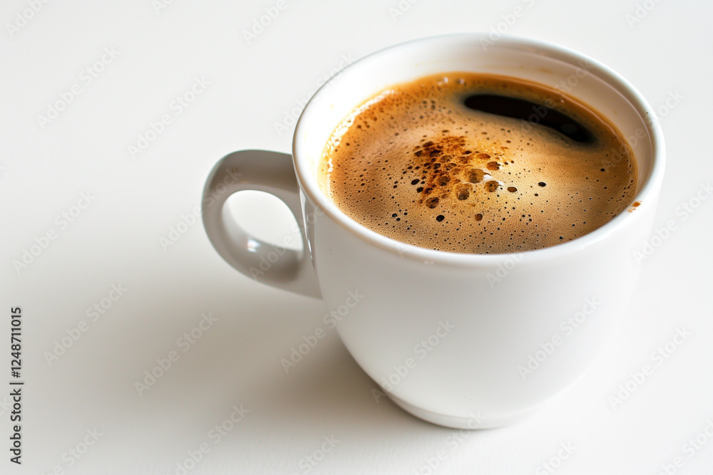 Classic white coffee cup with a dark espresso inside, positioned on a white background. Classic white coffee cup with a dark espresso inside, positioned on a white background.