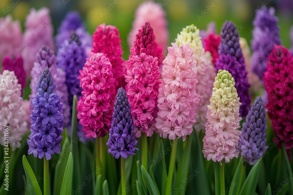 Fototapeta premium Colorful hyacinth flowers blooming in a vibrant spring garden with various shades of pink and purple