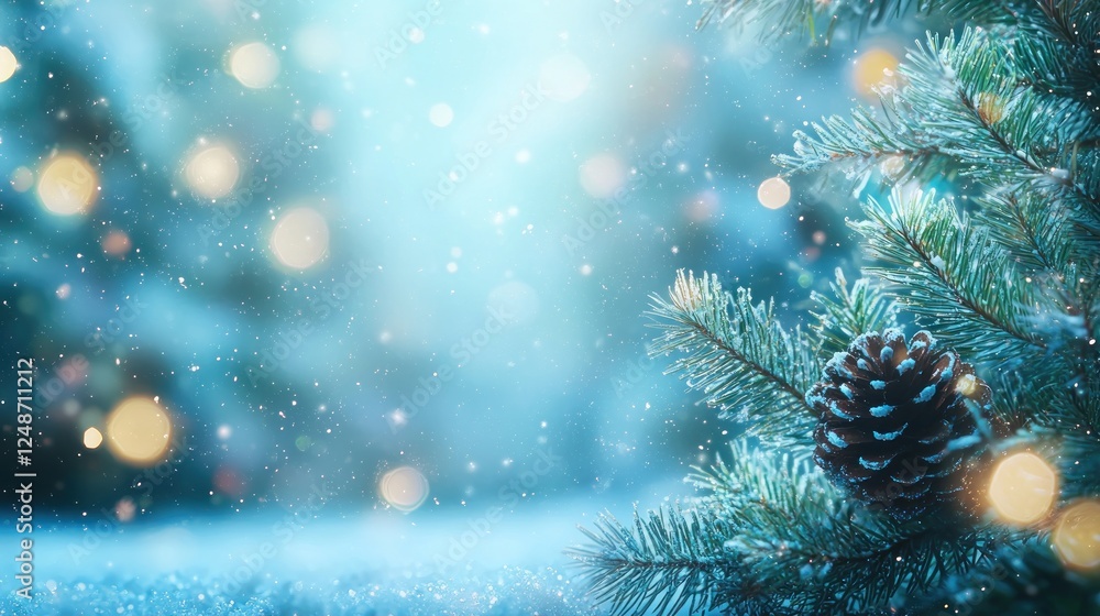 Winter Christmas Snowy Forest Background with Fir Branch Winter Christmas Snowy Forest Background with Fir Branch