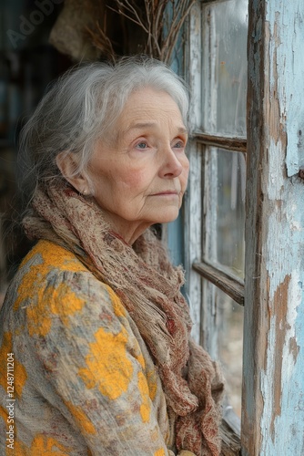 Elderly Woman Reflecting by Weathered Window in Solitude photo