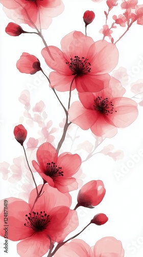 Beautiful pink floral illustration with delicate blossoms and buds in artisti...