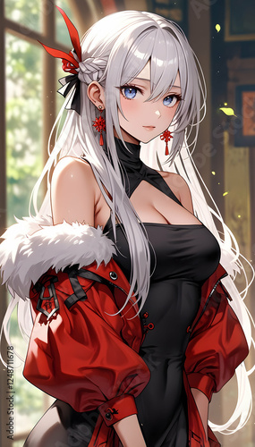 beautiful young anime girl in beautiful red dress outfit