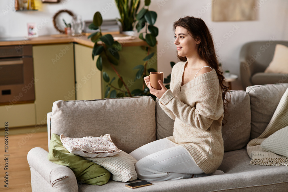 Emotional reflection of a woman sitting in a cozy living room sipping tea during quiet moments Emotional reflection of a woman sitting in a cozy living room sipping tea during quiet moments
