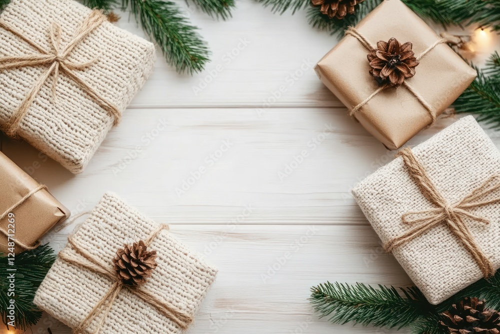 Fototapeta premium Christmas gifts wrapped in paper with knitted blanket and pine branches on rustic white wooden table
