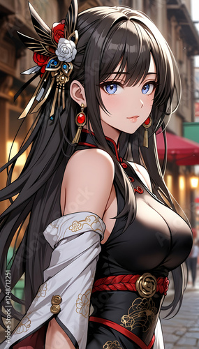 beautiful young anime girl in beautiful red dress outfit