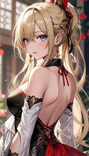 beautiful young anime girl in beautiful red dress outfit