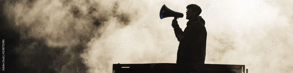 Fototapeta premium A person holds a megaphone atop a building, possibly for public speaking or protesting