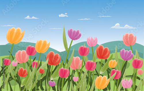 Colorful tulip flower with mountain background and clear blue sky vector illustration. Abstract watercolor landscape design. 