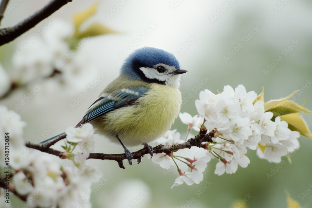Obraz premium A bright blue and yellow bird perches on a branch, with leaves and bark visible