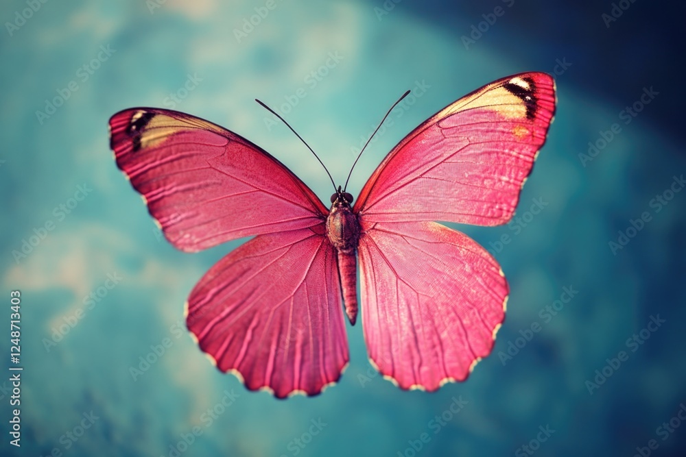 Fototapeta premium A pink butterfly flies through the air with delicate wings and a vibrant color
