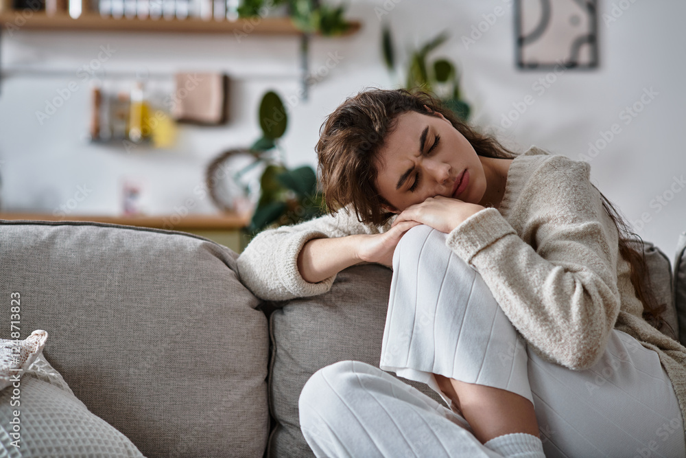 Struggling with inner demons in a tranquil living room setting Struggling with inner demons in a tranquil living room setting