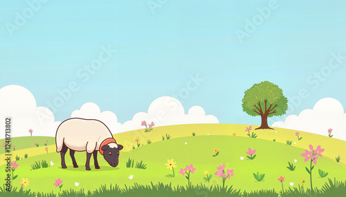 Playful sheep grazing in vibrant meadow under clear sky, pastoral beauty