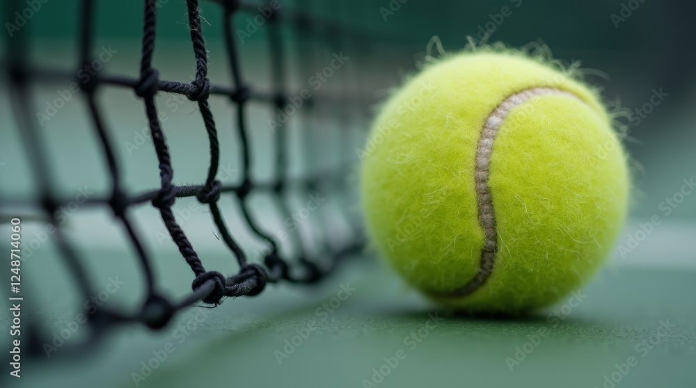 Close-up of tennis ball touching net on green court with shallow depth of field. Sports competition and training concept Close-up of tennis ball touching net on green court with shallow depth of field. Sports competition and training concept