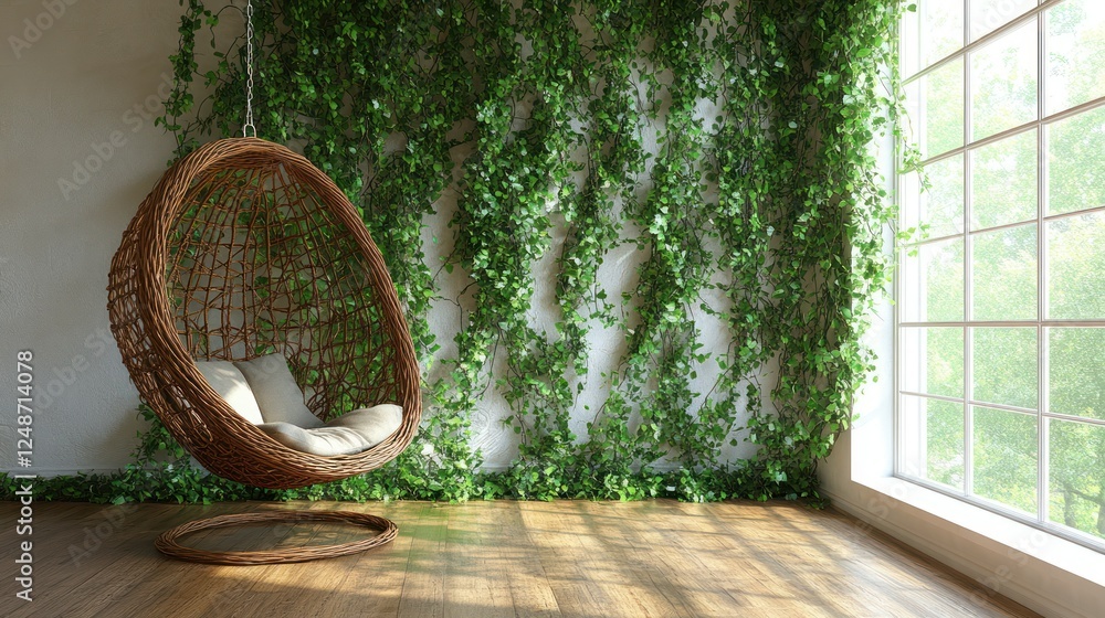 Obraz premium Serene Relaxation: Wicker Egg Chair in a Verdant Indoor Oasis