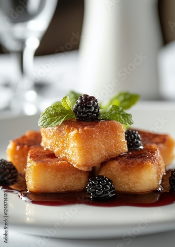 Delicious dessert served on a plate with blackberries and mint at a fine dini...