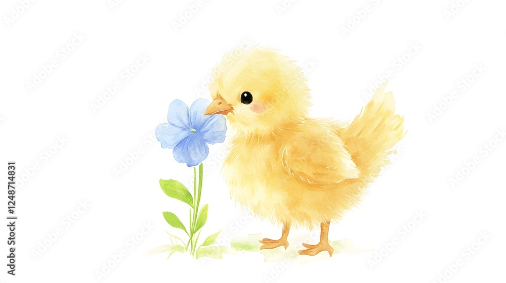 Watercolor illustration of a chick near a blue flower Watercolor illustration of a chick near a blue flower