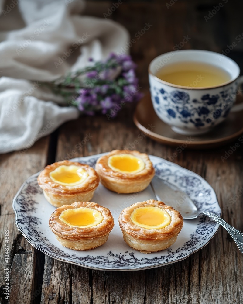 Cozy tea time featuring delectable Hong Kong-style egg tarts, inviting warmth and delightful flavors await. Cozy tea time featuring delectable Hong Kong-style egg tarts, inviting warmth and delightful flavors await.