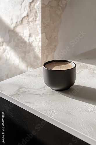Warm coffee cup on a light marble table during morning light in a cozy kitchen