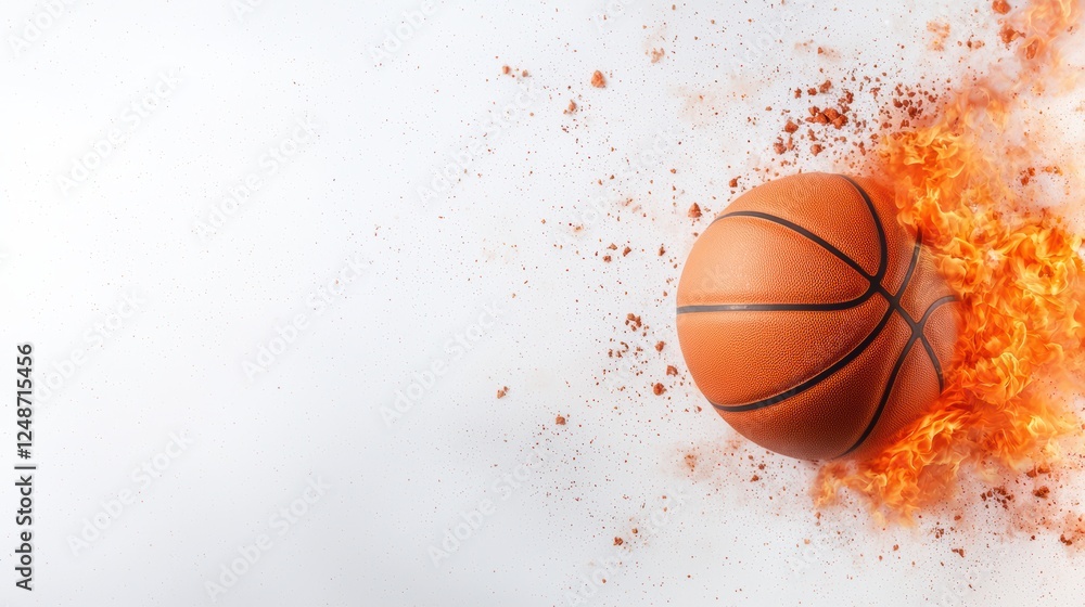 Intense Moment of Basketball Ball Engulfed in Flames Mid Flight Against White Background Intense Moment of Basketball Ball Engulfed in Flames Mid Flight Against White Background