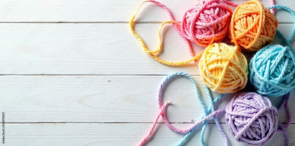 Pastel colored yarn threads intertwined on a white table against a natural wood surface, pastel colors, hues Pastel colored yarn threads intertwined on a white table against a natural wood surface, pastel colors, hues