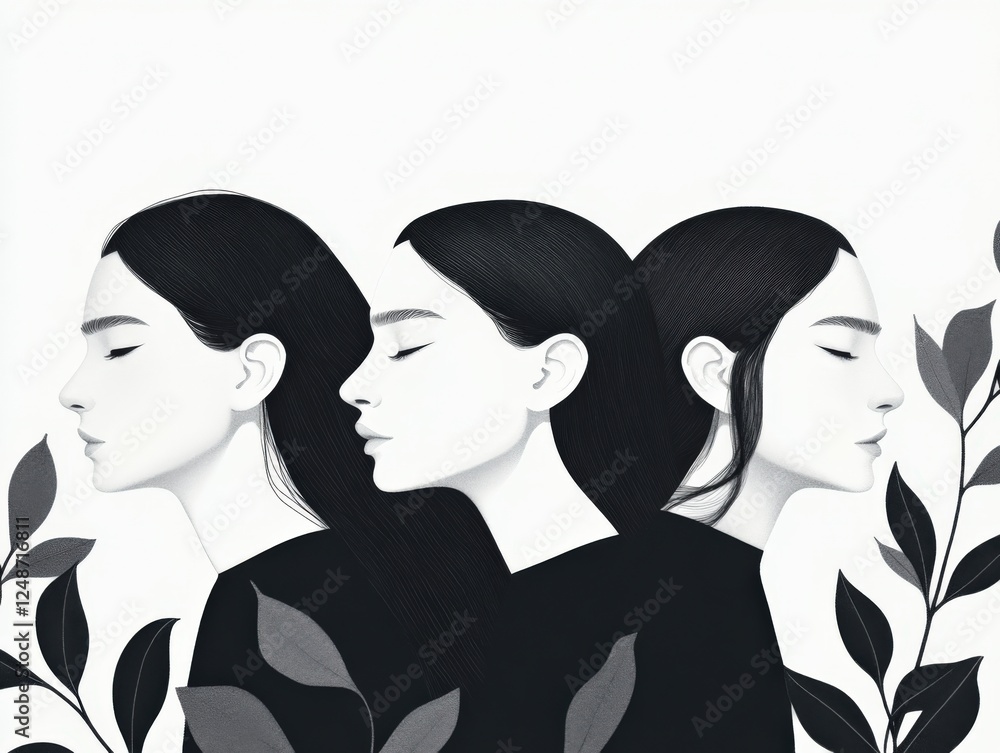 three women in monochrome portrait with leaves three women in monochrome portrait with leaves