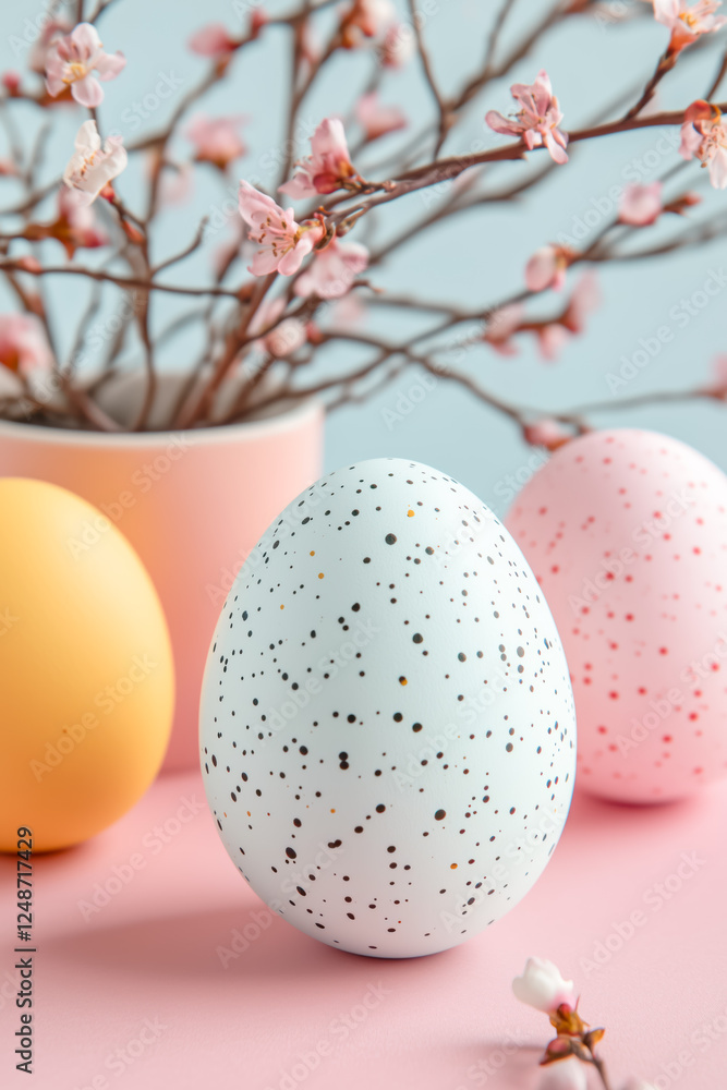 Fototapeta premium Beautiful background with eggs and cherry tree blooming twigs. Easter concept.