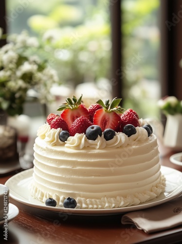 Delicious cream cake topped with fresh strawberries and blueberries on a wood...