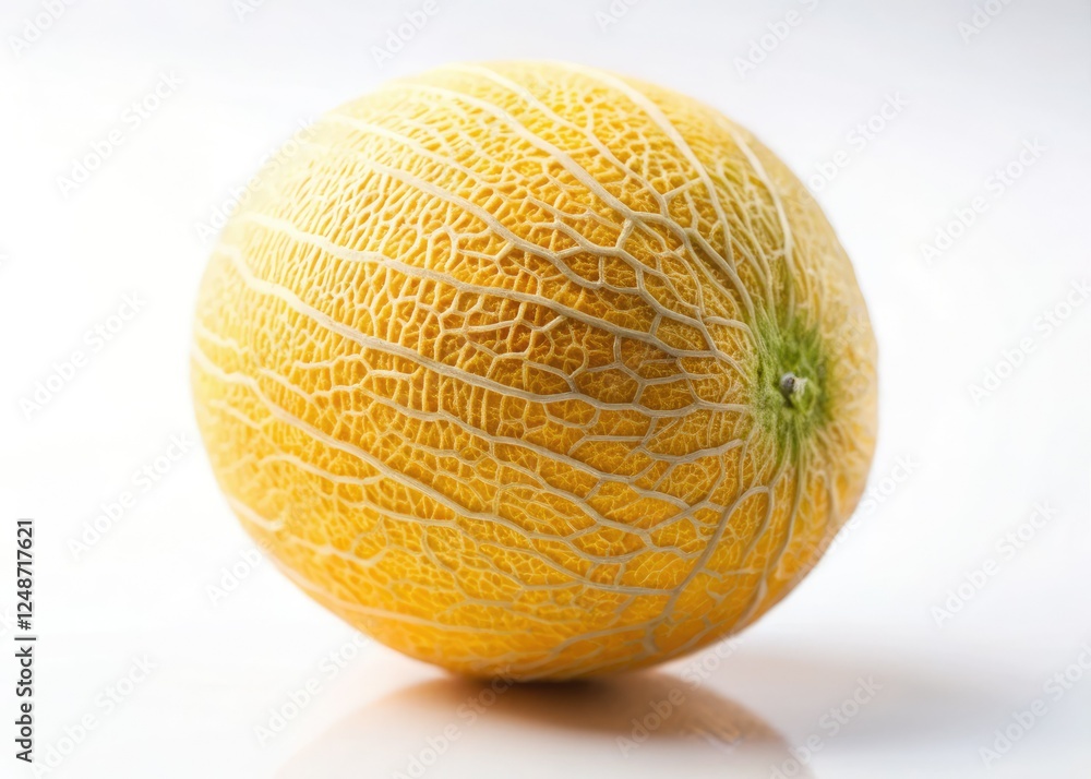 Macro tilt-shift captures a juicy yellow melon, its sweetness highlighted against a pristine white background. Macro tilt-shift captures a juicy yellow melon, its sweetness highlighted against a pristine white background.