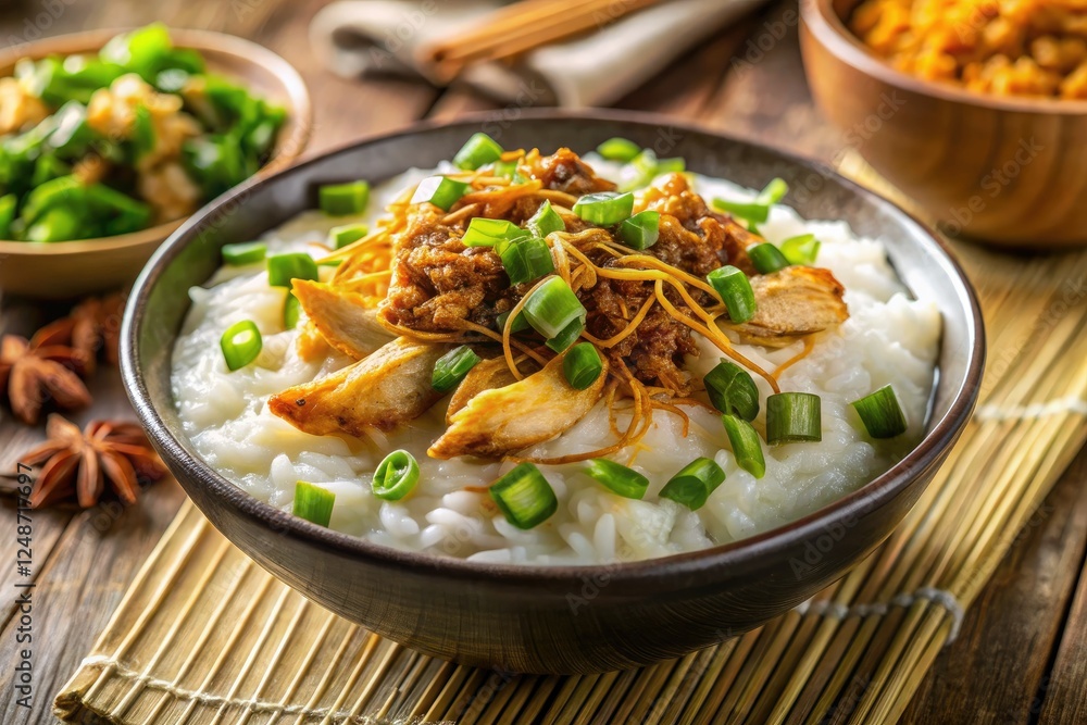 Macro view: Bubur Ayam's vibrant toppings—crispy shallots, savory shredded chicken, and fresh herbs. Macro view: Bubur Ayam's vibrant toppings—crispy shallots, savory shredded chicken, and fresh herbs.