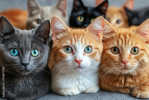 Gathering of different cats with striking eyes in a cozy indoor setting