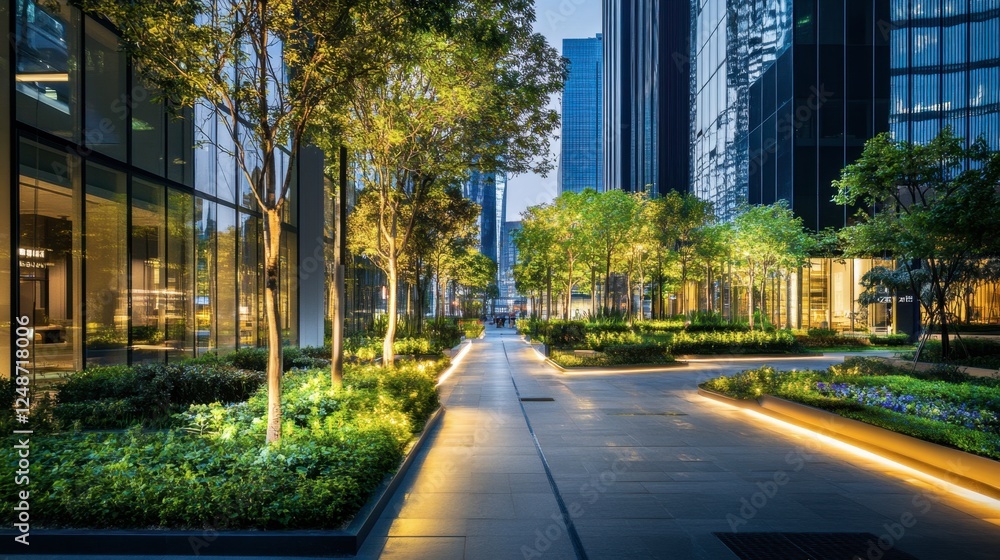 Fototapeta premium A modern business district with innovative office buildings, green outdoor spaces, and a relaxing atmosphere for professionals.