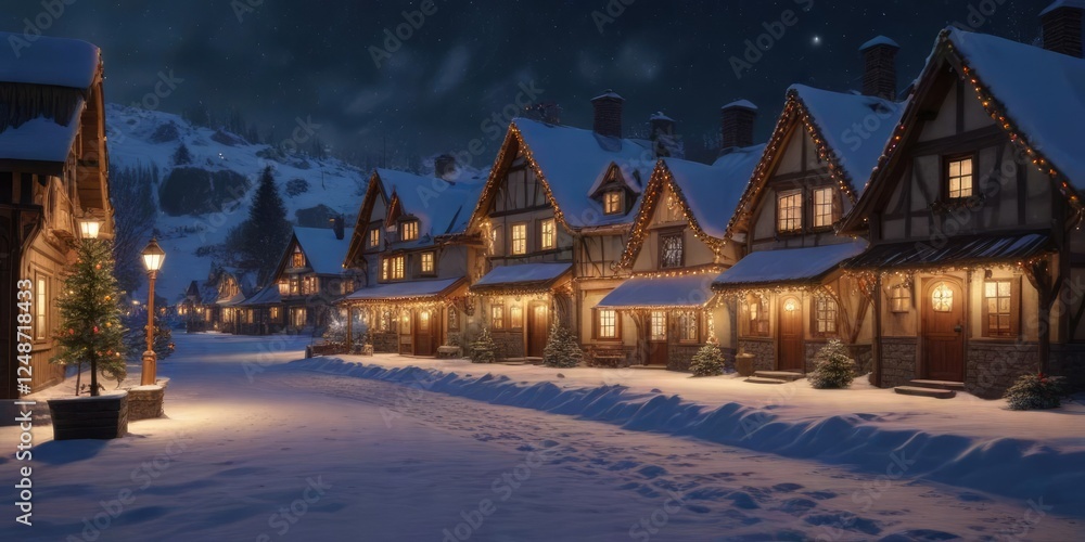 Fototapeta premium Snowy village with Christmas lights and decorations, holiday decorations, festive lights, festive window displays