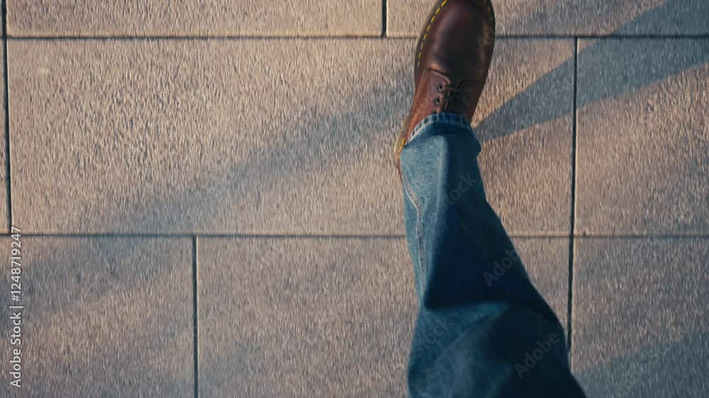 Top down pov view male feet steps walking street on sunny autumn day. Man wearing blue jeans and leather boots goes urban sidewalk in city. High angle people legs stepping, warm sunlight