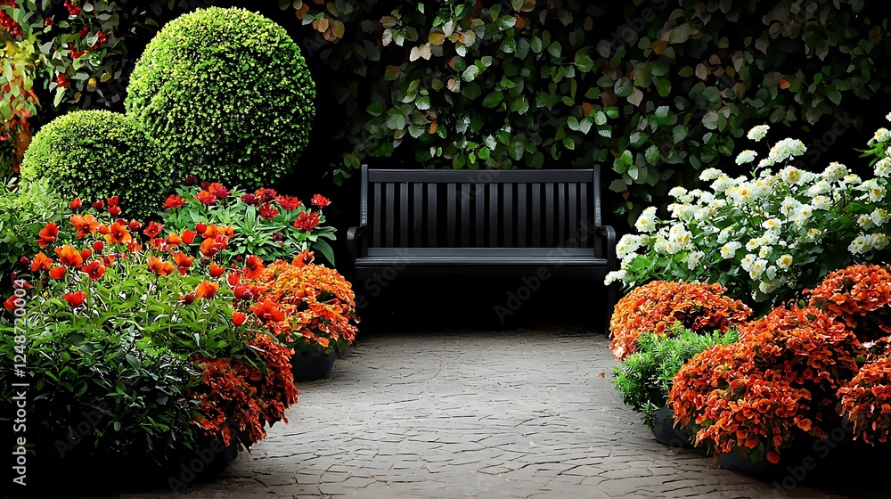 Obraz premium Serene garden bench, flowers, stone path, tranquility, peaceful retreat