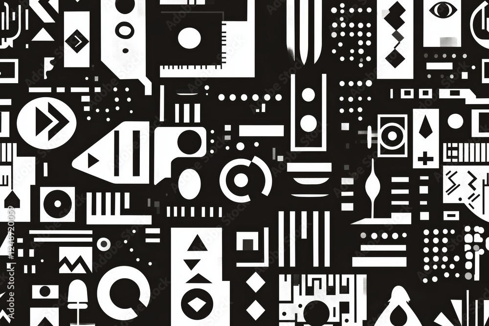 Modern abstract design featuring contrasting black and white shapes with geometric patterns and symbols Modern abstract design featuring contrasting black and white shapes with geometric patterns and symbols